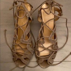 Banana Republic olive/tan suede wrap up heels